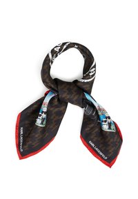 Silke skjerf med brunt og svart mønster, røde kanter, tegneserieprint av en mann med solbriller og en hund, samt teksten "KARL LAGERFELD".