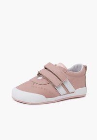 Pink leather sneaker with white sole, featuring two Velcro straps and gray accents. Rounded toe and texture on the upper surface.
