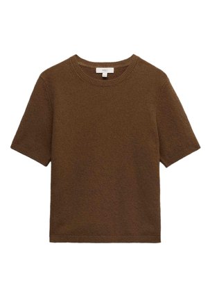 Brauner, kurzärmeliger Rundhalsausschnitt-Strickpullover mit geripptem Kragen, Bündchen und Saum, gefertigt aus weichem, strukturiertem Stoff, mit M&S-Etikett Größe Medium.