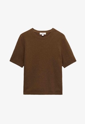 Brauner, kurzärmeliger Rundhalsausschnitt-Strickpullover mit geripptem Kragen, Bündchen und Saum, gefertigt aus weichem, strukturiertem Stoff, mit M&S-Etikett Größe Medium.