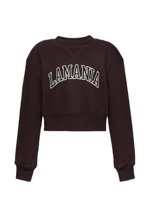 Tmavohnedá krátka mikina s dlhými rukávmi a nápisom „LAMANIA“ v veľkých bielych kontúrovaných písmenách cez prsia.