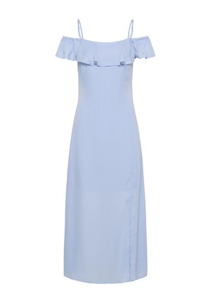 Hellblaues Maxikleid mit schulterfreiem Schnitt, dünnen Trägern und gerafftem Ausschnitt, oben eng anliegend und fällt gerade nach unten.
