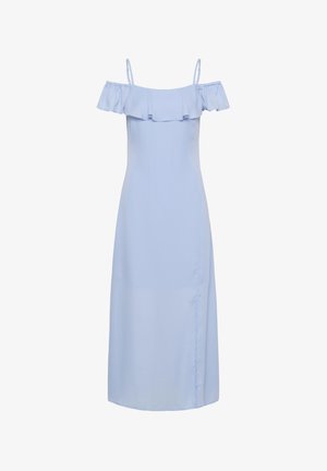 Világoskék, vállakat szabadon hagyó maxi ruha vékony pántokkal és fodros nyakkivágással, a felső részen testhezálló, egyenesen lefelé folyó szabással.