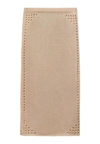 Knit beige skirt featuring decorative cut-out details at the top corners, with a straight silhouette and textured finish.