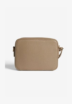 Beige leather crossbody bag with a textured finish, rectangular shape, top zipper, and an adjustable strap on the side.