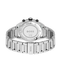 Montre en acier inoxydable argenté avec un boîtier rond, un bracelet en métal brossé et un fond de boîtier marqué de la marque et des indications de résistance à l'eau.