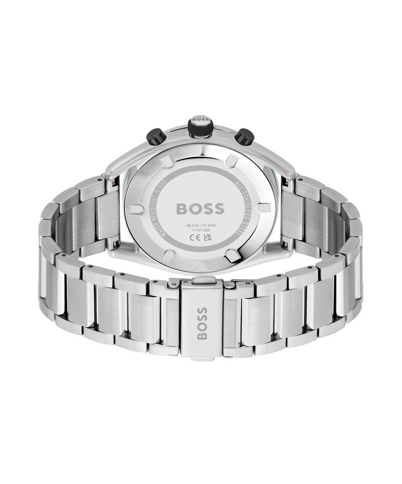 Zegarek ze stali nierdzewnej w kolorze srebrnym, z okrągłą kopertą, szczotkowanym metalowym bransoletą oraz sygnowanym deklem z oznaczeniami wodoodporności.