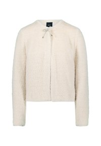 Kremowa, teksturowana krótka kurtka z okrągłym dekoltem, długimi rękawami, zapięciem z przodu i ozdobnym sznurkiem.