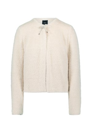 Kremowa, teksturowana krótka kurtka z okrągłym dekoltem, długimi rękawami, zapięciem z przodu i ozdobnym sznurkiem.