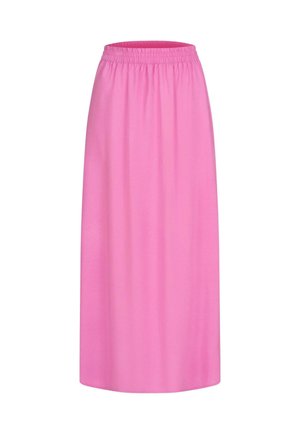 Jupe maxi rose avec une taille élastique, fabriquée en tissu lisse, présentant une silhouette droite sans motifs ni accents visibles.