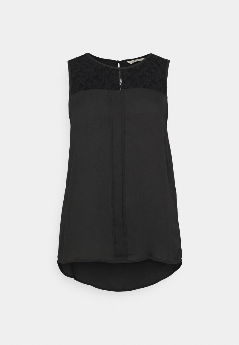 Blouse noire sans manches avec détails en dentelle sur le haut de la poitrine et le dos, encolure ronde et ourlet arrière légèrement plus long.