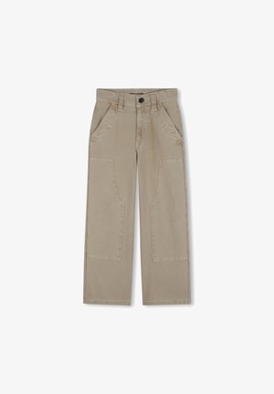 Pantalon beige à jambes larges en coton avec deux poches avant et deux grandes poches plaquées. Taille plate avec une fermeture à bouton unique.