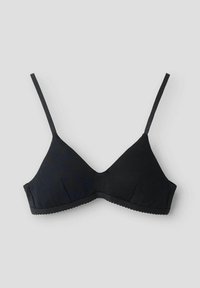 Schwarzer, dreieckiger BH aus weichem Stoff. Verfügt über verstellbare dünne Träger und einen gewellten Saum entlang der unteren Kante.