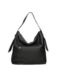 Borsa hobo in pelle nera con superficie texture, ampia apertura e tasca con zip sulla parte anteriore. Presenta una lunga tracolla piatta.