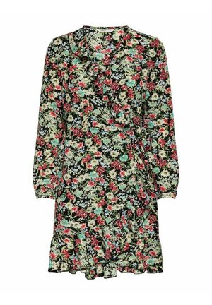 Robe enveloppante à fleurs avec manches longues, un col volanté et un fond noir orné de motifs floraux multicolores.