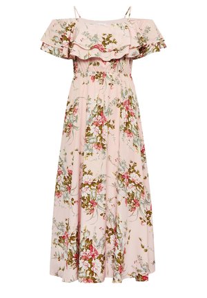Floral maxi dress in soft pink fabric. Features off-shoulder ruffles, adjustable straps, and a fitted waist with flowing skirt.