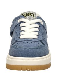 Suede blue sneaker with white laces, perforated toe box, and a textured gum sole. Features a Velcro strap and mesh tongue with logo.