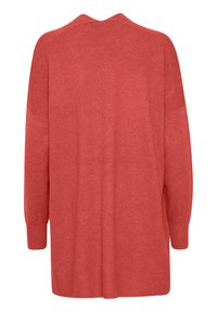 Röd stickad pullover med V-hals och långa ärmar. Har en avslappnad passform och mjuk textur. Enkelt, sömlöst design utan synliga knäppningar.
