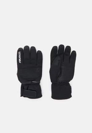 Schwarze Handschuhe aus Softshell-Material mit strukturierter Handfläche, eng anliegenden Bündchen und verstärkten Nähten. Mit Branding im Handgelenkbereich.