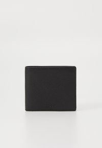 Black leather wallet with a textured finish, rectangular shape, and embossed branding on the front, featuring a minimalist design.