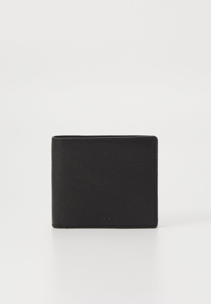 Black leather wallet with a textured finish, rectangular shape, and embossed branding on the front, featuring a minimalist design.