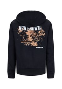 Felpa nera con cappuccio, con una grafica di montagna in arancione e testo bianco, con le scritte "NEW GROWTH" e "EXPLORE ADVENTURE SINCE '89."