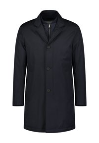 Cappotto blu navy realizzato in tessuto liscio, con colletto a revers, chiusura centrale con bottoni e due tasche laterali. Design semplice e pulito.