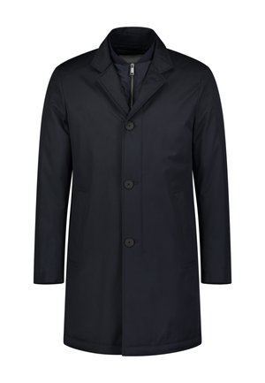 Navyblauwe jas van een gladde stof, met een ingesneden kraag, centrale knoopsluiting en twee zijzakken. Eenvoudig, strak ontwerp.