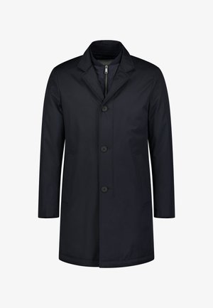 Dunkelblauer Mantel aus glattem Material, mit aufgeschlagenem Kragen, zentralem Knopfverschluss und zwei Seitentaschen. Schlichtes, klares Design.