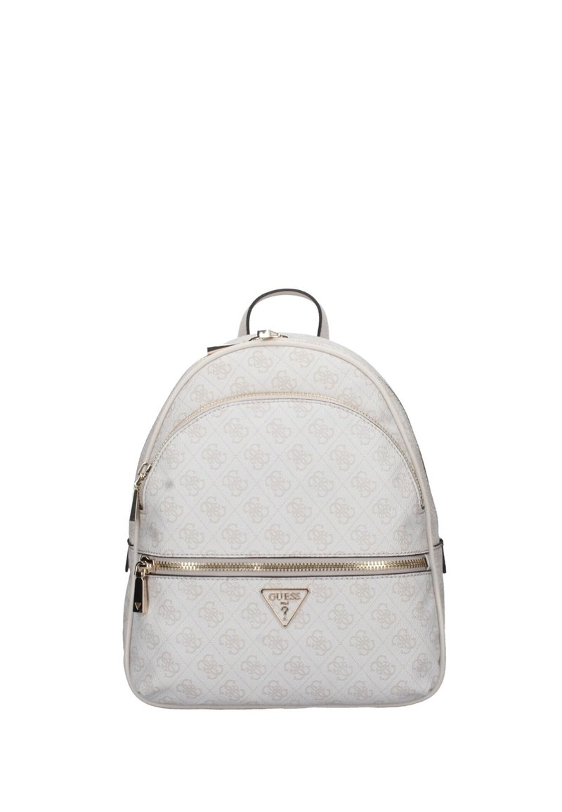 Zaino bianco con motivo logo sottile, forma arrotondata, accessori in oro, tasca frontale con zip e manico superiore per il trasporto.