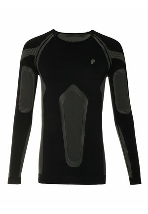 Maglietta sportiva nera a maniche lunghe con design aderente, dotata di pannelli in rete grigia e accenti testurizzati su spalle e lati.