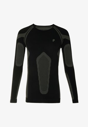 Maglietta sportiva nera a maniche lunghe con design aderente, dotata di pannelli in rete grigia e accenti testurizzati su spalle e lati.