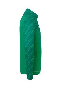 Grøn træningsjakke med ensartet krop og en struktureret mønsterærme. Inkluderer en høj krave og sidelommer.