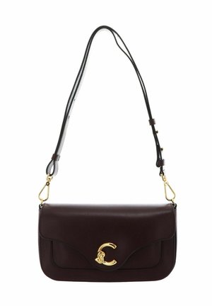 Dark brown leather shoulder bag with gold-tone clasp shaped like a looped letter C and adjustable strap with gold hardware.