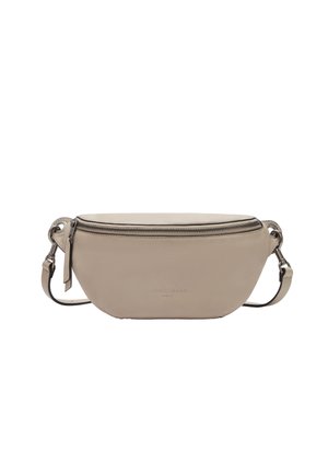 Beige Leder-Schultertasche mit glatter Oberfläche, Reißverschluss und verstellbarem Tragegurt. Merkmale des Markenprägung auf der Vorderseite.