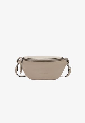 Beige leather shoulder bag with a smooth finish, zip closure, and adjustable strap. Features brand embossed detail on front.