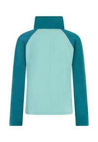 Teal en lichtblauwe sporttop met lange mouwen en hoge kraag. Soepele stof, contrasterende schouderpanelen en vlakke stiksels.