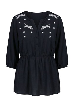 Angel of Style, LEOPARD EMBROIDERED A-LINE 3/4 SLEEVE BLOUSE - Bluse - black