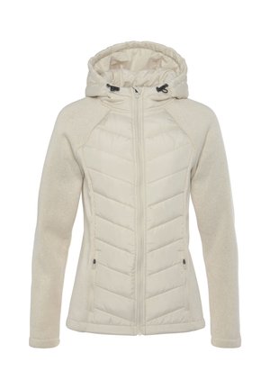 Beige Kapuzenjacke mit einer Mischung aus glattem, gepolstertem Vorderteil und strukturierten Strickärmeln. Sie besitzt einen durchgehenden Reißverschluss, eine verstellbare Kordelzugkapuze und Seitentaschen.