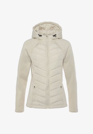 Beige Kapuzenjacke mit einer Mischung aus glattem, gepolstertem Vorderteil und strukturierten Strickärmeln. Sie besitzt einen durchgehenden Reißverschluss, eine verstellbare Kordelzugkapuze und Seitentaschen.
