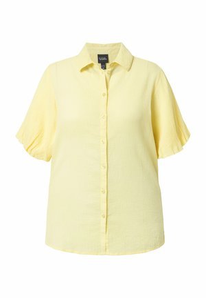 Hellgelbe Kurzarmbluse mit durchgehender Knopfleiste, strukturierter Stoff und klassischem Kragen.