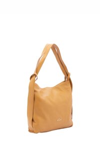 Borsa a spalla in pelle marrone chiaro con una superficie liscia, dotata di una sola tracolla e di un sottile accento con logo sul davanti.