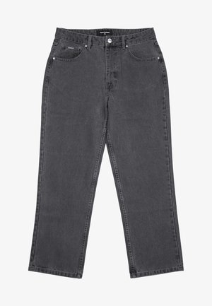 Mustad kõrge vöökohaga sirge säärega teksapüksid, esikinnisega, millel on nööp ja tõmblukk, vööaasad ning esiküljel ja tagaküljel taskud.