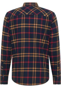 Marineblauw flanellen hemd met een geel en rood ruitpatroon. Voorzien van lange mouwen, een kraag en een knoopsluiting. Gestructureerde stof met een gladde afwerking.