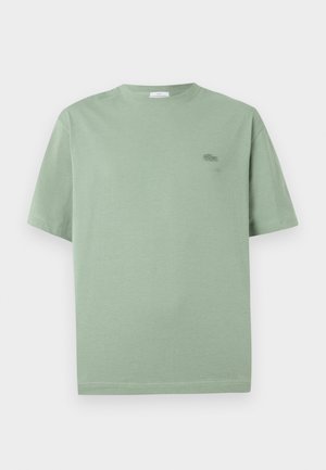 T-shirt verde chiaro a maniche corte in cotone, con un piccolo logo ricamato sul petto e scollatura a girocollo.