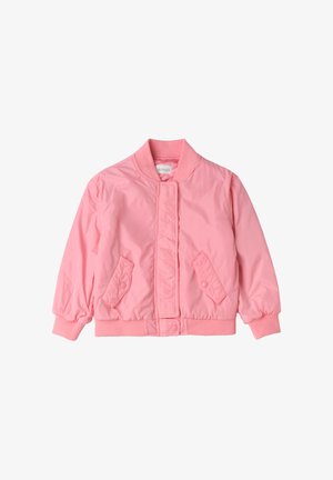 Veste bomber rose clair avec col, poignets et ourlet côtelés, fermeture à pressions à l'avant et deux poches à rabat avec boutons.