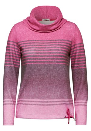 Cowl-neck pullover i gradient pink med grå striber, har lange ærmer, blød tekstur og en snor detalje i kanten.