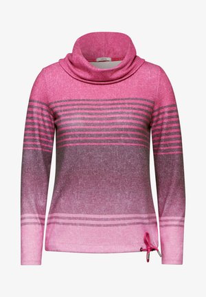 Cowl-neck pullover in gradient pink with gray stripes, features long sleeves, soft texture, and a drawstring detail at the hem.