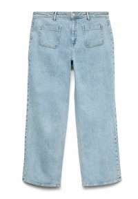 Jeans de denim azul claro con un diseño de pierna recta, que cuentan con un cierre de botón y dos bolsillos traseros, texturizados con un acabado desgastado.