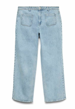 Jeans in denim azzurro chiaro con design a gamba dritta, dotati di chiusura a bottone e due tasche posteriori, con un effetto invecchiato.